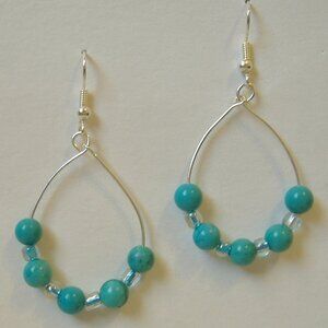 Turquoise Blue Hoop Earrings Beaded Silver Tone Metal Handmade Pierced OOAK New